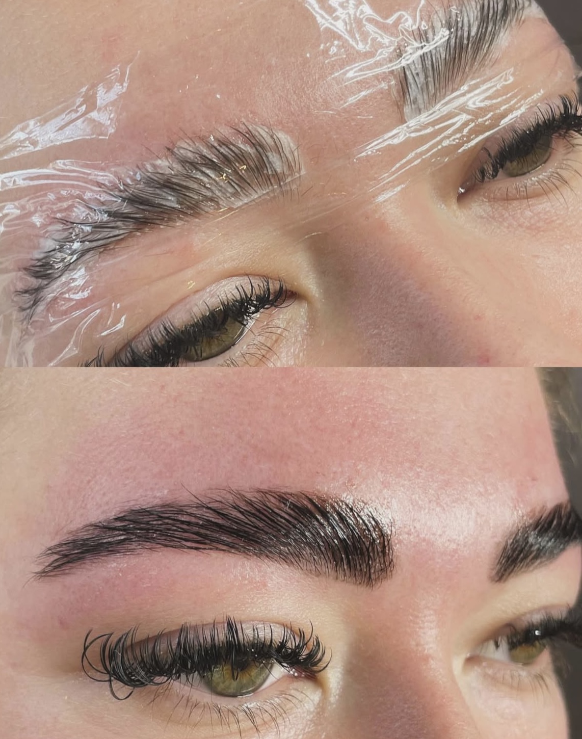 Collage van een brow lamination en lash extensions van dichtbij